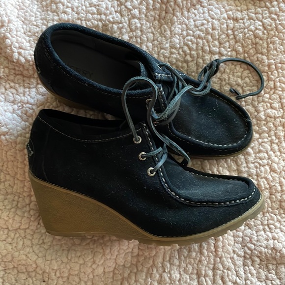 Sperry Size 11 Leather Tie Black Suede Platform Heel Booties - Picture 1 of 5